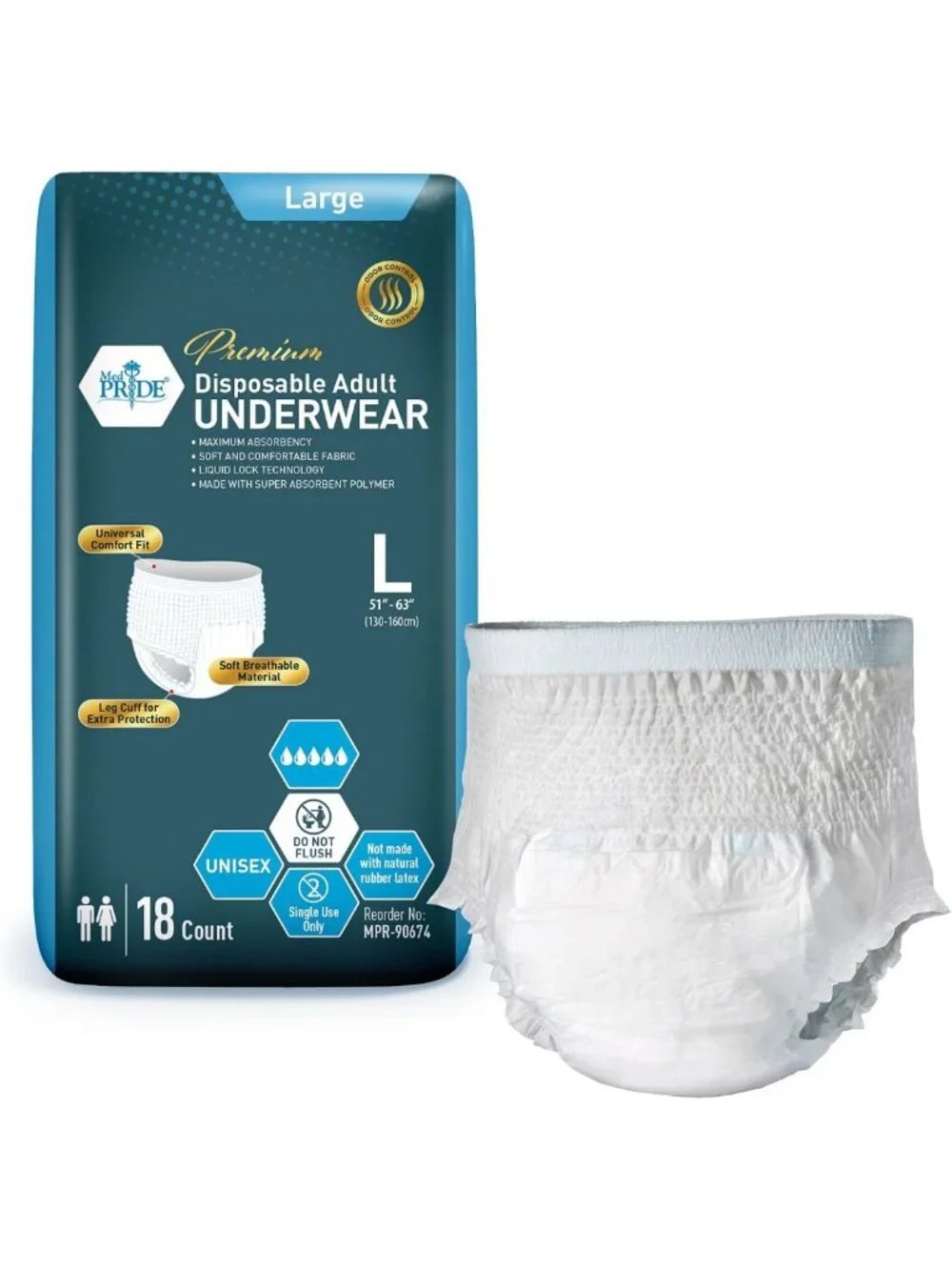 Absorbent Disposable Adult Underwear, Large (51-63 in), Unisex, 18 Count Pack